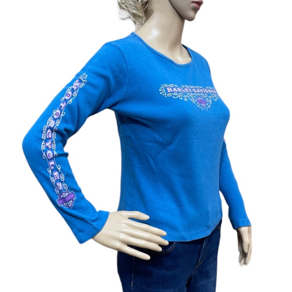 HARLEY-DAVIDSON Women’s Blue Crop Top Long Sleeve Tee Shirt Size Small - Picture 7 of 14